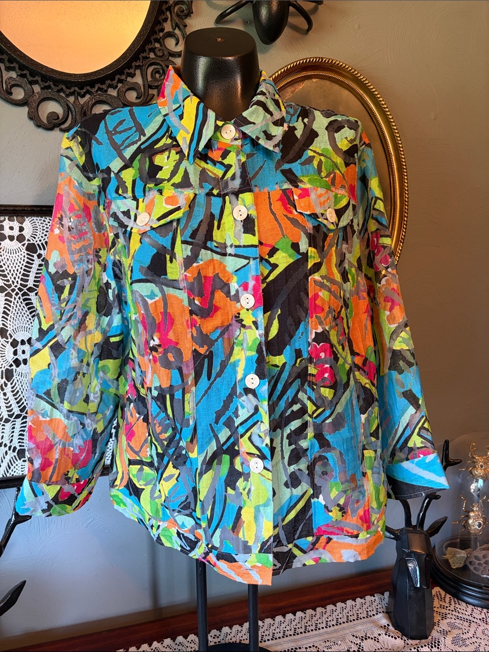 Colorful Abstract Print Jean Jacket - Women's Bright Multi-Color